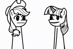 Size: 1618x1080 | Tagged: safe, artist:divinearms, imported from derpibooru, applejack, twilight sparkle, earth pony, semi-anthro, unicorn, animated, applejack's hat, braid, cardboard cutout, cowboy hat, duo, duo female, female, g4, hat, mare, monochrome, old art, sound, unicorn twilight, vulgar, webm, youtube link