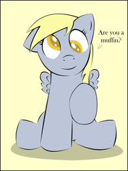 Size: 1928x2569 | Tagged: safe, artist:rakesuk, imported from derpibooru, derpy hooves, pegasus, pony, female, looking at you, mare, simple background, sitting, solo, talking to viewer, yellow background