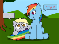 Size: 1023x754 | Tagged: safe, artist:rakesuk, imported from derpibooru, derpy hooves, rainbow dash, pegasus, pony, biting, duo, female, mare, nom, rainbow dash is not amused, scrunchy face, sitting, tail, tail bite, taste the rainbow, unamused