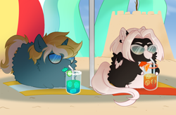 Size: 1952x1279 | Tagged: safe, artist:dusk feather, imported from derpibooru, oc, oc only, oc:kate braxton, oc:wooded bastion, beach, beach ball, chubbie, drink, puff ponies, sandcastle, sunglasses, umbrella