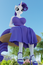 Size: 3840x5760 | Tagged: safe, alternate version, artist:hunterz263, imported from derpibooru, rarity, anthro, plantigrade anthro, unicorn, 3d, 5k, blender, breasts, busty rarity, clothes, dress, feet, flower, high heels, looking at you, nexgen, not sfm, outdoors, shoes, table, tree