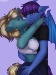 Size: 1620x2160 | Tagged: safe, artist:enderbee, imported from derpibooru, oc, oc only, oc:keygun, oc:maple parapet, anthro, bat pony, unicorn, arms around neck, bat wings, bra, bra strap, breasts, clothes, exposed belly, female, horn, hug, kissing, male, underwear, wings