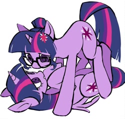 Size: 886x846 | Tagged: safe, artist:qianjibahe, imported from derpibooru, sci-twi, twilight sparkle, alicorn, pony, unicorn, equestria girls, duo, duo female, equestria girls ponified, female, glasses, looking at each other, looking at someone, lying down, mare, on back, ponified, self paradox, self ponidox, simple background, straddling, twilight sparkle (alicorn), twolight, unicorn sci-twi, white background