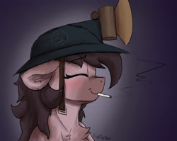 Size: 3057x2432 | Tagged: safe, artist:reddthebat, imported from derpibooru, oc, oc only, oc:number nine, earth pony, pony, bust, chest fluff, cigarette, eyes closed, female, floppy ears, headlamp, helmet, mare, mining helmet, smiling, smoking, solo