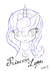 Size: 2481x3508 | Tagged: safe, artist:memprices, imported from derpibooru, princess luna, alicorn, pony, bust, crown, jewelry, lineart, looking at you, pencil drawing, portrait, regalia, signature, simple background, smiling, smiling at you, text, traditional art, white background, wip