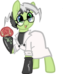 Size: 899x1045 | Tagged: safe, artist:nootaz, imported from derpibooru, oc, oc only, oc:dr.frakenmare, alternate color palette, brain, clothes, dr.frakenmare, female, glasses, hoof gloves, lab coat, mare, organs, simple background, solo, transparent background