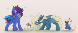 Size: 2680x1138 | Tagged: artist needed, safe, imported from derpibooru, oc, oc:nightingale, oc:serene steppe, oc:vesperi, caterpillar, angry, confusion, field, grass, hissing, leaf, older brother, older sister, siblings, sniffling, spread wings, wings, wooly bear, younger sister