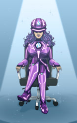 Size: 951x1518 | Tagged: safe, artist:hazurasinner, imported from derpibooru, rarity, human, armor, body armor, boots, chair, clothes, commission, crossed legs, female, helmet, high heels, humanized, office chair, shoes, smiling, solo, visor