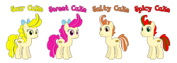 Size: 10088x3601 | Tagged: source needed, safe, anonymous artist, imported from derpibooru, oc, oc only, oc:salty cake, oc:sour cake, oc:spicy cake, oc:sweet cake, earth pony, pony, absurd resolution, accessory, bow, brother, brother and sister, brothers, description is relevant, eyelashes, family, female, hair bow, happy, looking, looking at you, male, mare, name, nostrils, offspring, parent:pound cake, parent:pumpkin cake, parents:caketwincest, product of incest, quadruplets, siblings, simple background, sister, sisters, smiling, stallion, standing, story included, text, transparent background