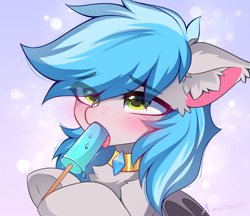 Size: 2177x1878 | Tagged: safe, artist:airiniblock, imported from derpibooru, oc, oc only, oc:bow-black, bat pony, pony, bat pony oc, bat wings, blushing, collar, drool, ear fluff, food, icon, patreon, patreon reward, popsicle, rcf community, solo, suggestive eating, wings