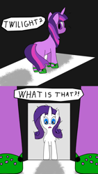 Size: 1080x1920 | Tagged: safe, artist:auro, imported from derpibooru, rarity, twilight sparkle, pony, unicorn, between legs, comic, crazy face, crocs, duo, faic, frazzled hair, from behind, messy mane, shadow, speech, speech bubble, talking, text, twilight crockle, unicorn twilight