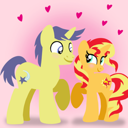 Size: 1400x1400 | Tagged: safe, artist:mlplary6, imported from derpibooru, comet tail, sunset shimmer, pony, unicorn, blushing, boyfriend and girlfriend, cometshimmer, female, heart, looking at each other, looking at someone, love, male, mare, shipping, smiling, smiling at each other, stallion, straight