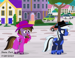 Size: 10000x7742 | Tagged: safe, artist:creedyboy124, imported from derpibooru, oc, oc only, oc:ghost pony, oc:princess kincade, alicorn, earth pony, pony, alicorn oc, car, clothes, detective, fedora, female, hat, horn, male, mare, stallion, trenchcoat, wings