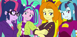 Size: 2100x1024 | Tagged: safe, artist:aokushan, imported from derpibooru, adagio dazzle, aria blaze, sci-twi, sonata dusk, twilight sparkle, human, equestria girls, female, furcoat, group, music festival outfit, pigtails, ponytail, quartet, the dazzlings, twintails