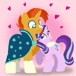 Size: 1400x1400 | Tagged: safe, artist:mlplary6, imported from derpibooru, starlight glimmer, sunburst, pony, unicorn, boyfriend and girlfriend, clothes, female, glasses, heart, looking at each other, looking at someone, love, male, mare, shipping, smiling, smiling at each other, stallion, starburst, straight