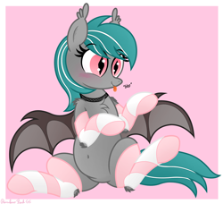 Size: 3304x3016 | Tagged: safe, artist:rainbowšpekgs, imported from derpibooru, oc, oc only, oc:malachite cluster, bat pony, :p, bat pony oc, bat wings, belly, belly button, blushing, chest fluff, choker, clothes, cute, fangs, hockless socks, male, socks, stallion, striped socks, tongue out, wings
