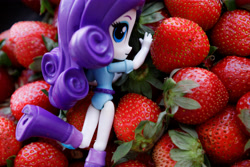 Size: 4992x3328 | Tagged: safe, imported from derpibooru, photographer:plastikdarling, rarity, anthro, equestria girls, belt, boots, clothes, doll, equestria girls minis, female, food, high heel boots, photo, shirt, shoes, skirt, solo, solo female, strawberry, toy
