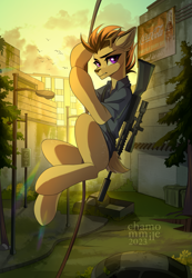 Size: 2075x3000 | Tagged: safe, artist:chamommile, imported from derpibooru, oc, oc only, deer, deer pony, earth pony, hybrid, original species, pony, fallout equestria, ammunition, angry face, apocalypse, clothes, commission, deer oc, earth pony oc, fallout, gun, horns, looking at you, looking back, looking back at you, non-pony oc, purple eyes, rifle, shirt, sniper, sniper rifle, solo, sunset, uniform, weapon, ych result, yellow skin