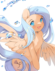 Size: 1390x1805 | Tagged: safe, artist:aniimoni, imported from derpibooru, oc, oc only, pegasus, pony, anime, female, halfbody, happy, long hair, mare, pegasus oc, simple background, smiling, solo, water, white background, wings