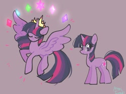 Size: 1509x1120 | Tagged: safe, artist:petaltwinkle, imported from derpibooru, twilight sparkle, alicorn, pony, unicorn, crown, duality, element of generosity, element of honesty, element of kindness, element of laughter, element of loyalty, element of magic, elements of harmony, eyes closed, female, flying, gray background, jewelry, mare, regalia, simple background, solo, spread wings, time paradox, twilight sparkle (alicorn), unicorn twilight, wings