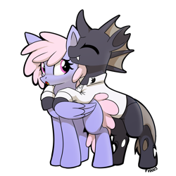 Size: 2000x2000 | Tagged: safe, artist:fv0003, imported from derpibooru, rainbowshine, oc, changeling, pegasus, pony, changeling oc, commission, duo, hug, simple background, transparent background