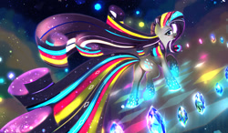 Size: 2315x1350 | Tagged: safe, alternate version, artist:darksly, imported from derpibooru, rarity, pony, unicorn, diamonds, female, glowing, long mane, long tail, looking at you, mare, neon, rainbow power, smiling, solo, tail