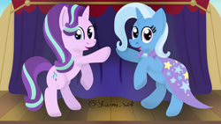 Size: 4096x2304 | Tagged: safe, artist:starry swirl, imported from derpibooru, starlight glimmer, trixie, pony, unicorn, duo, duo female, female, lesbian, mare, shipping, stage, startrix