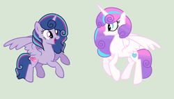 Size: 2128x1208 | Tagged: safe, artist:xxbrowniepawxx, imported from derpibooru, princess flurry heart, oc, oc:crystal sky, alicorn, pony, base used, duo, duo female, female, flying, mare, offspring, older, older flurry heart, parent:princess cadance, parent:shining armor, parents:shiningcadance, simple background