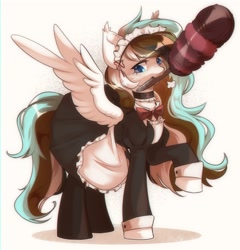 Size: 2788x2908 | Tagged: safe, artist:pledus, imported from derpibooru, oc, oc only, pegasus, pony, blushing, bow, choker, chromatic aberration, clothes, dress, duster, looking at you, maid, maid headdress, oc name needed, pegasus oc, raised leg, shadow, signature, simple background, socks, solo, stockings, thigh highs, white background, wings