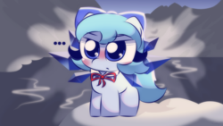 Size: 3840x2160 | Tagged: safe, artist:cushyhoof, imported from derpibooru, fairy, fairy pony, original species, pony, ..., 4k, blushing, bow, cirno, crystal wings, cute, fairy wings, female, high res, ice, lake, mare, mountain, ponified, snow, solo, touhou, unamused, water, wings