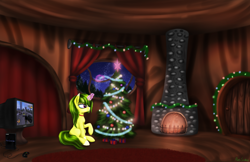 Size: 7000x4546 | Tagged: safe, artist:pony-stark, imported from derpibooru, oc, oc only, pony, unicorn, christmas, christmas lights, christmas tree, controller, fire, fireplace, grand theft auto, holiday, playstation, playstation 2, present, secret santa, solo, tree, window