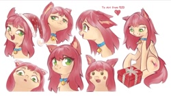 Size: 1280x719 | Tagged: safe, artist:rsd500, imported from derpibooru, oc, oc only, oc:airi, bat pony, pony, :3, anime, anime style, bell, bell collar, cat bell, christmas, collar, ear fluff, expressions, eyes on the prize, female, floppy ears, green eyes, hat, heart, holiday, open mouth, open smile, present, santa hat, secret santa, simple background, smiling, solo, starry eyes, white background, wingding eyes