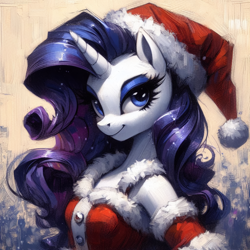 Size: 2048x2048 | Tagged: safe, imported from derpibooru, rarity, anthro, unicorn, ai content, ai generated, christmas, clothes, costume, generator:bing image creator, hat, holiday, looking at you, prompter:krivovyaz, santa costume, santa hat, simple background, smiling