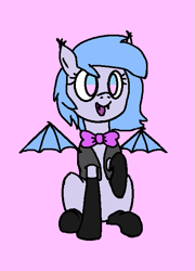 Size: 463x643 | Tagged: safe, artist:purppone, oc, oc:lucky roll, bat pony, pony, bat pony oc, bat wings, clothes, female, mare, ms paint, pink background, simple background, sitting, socks, solo, wings