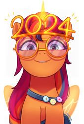 Size: 2481x3659 | Tagged: safe, artist:maren, imported from derpibooru, sunny starscout, alicorn, pony, 2024, artificial horn, artificial wings, augmented, bag, bust, cute, emanata, eyebrows, female, fluttershy's cutie mark, folded wings, full face view, g5, happy new year, happy new year 2024, high res, holiday, horn, lip bite, looking at you, magic, magic horn, magic wings, mane stripe sunny, mare, messenger bag, novelty glasses, partially open wings, pin, race swap, rainbow dash's cutie mark, simple background, smiling, smiling at you, solo, sunnybetes, sunnycorn, twilight sparkle's cutie mark, white background, wings