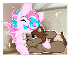 Size: 504x426 | Tagged: artist needed, source needed, safe, imported from derpibooru, oc, oc only, oc:choco latte, oc:sweetie swirl, bat pony, bat pony oc, bat wings, blue tongue, cuddling, duo, female, femboy, happy, male, mare, multicolored hair, one eye closed, pillow, real life background, smiling, wings, wink