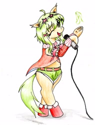 Size: 2250x2961 | Tagged: safe, artist:40kponyguy, derpibooru exclusive, imported from derpibooru, earth pony, pony, bipedal, boots, clothes, cute, ear fluff, female, gumi, head tilt, hoof hold, jacket, looking at you, mare, microphone, one eye closed, ponified, shoes, shorts, simple background, solo, sunglasses, traditional art, underhoof, vocaloid