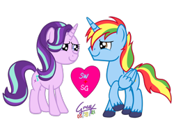 Size: 2048x1536 | Tagged: safe, artist:gregory-the-griffon, imported from derpibooru, starlight glimmer, oc, oc:shield wing, alicorn, unicorn, alicorn oc, canon x oc, female, heart, horn, love, male, shipping, simple background, smiling, straight, transparent background, wings