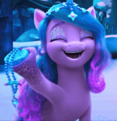 Size: 754x780 | Tagged: safe, imported from derpibooru, screencap, izzy moonbow, pony, unicorn, spoiler:g5, spoiler:my little pony: make your mark, spoiler:my little pony: make your mark chapter 6, spoiler:mymc06e04, animated, cropped, crystal, cute, eyeshadow, g5, gif, giggling, glitter, izzybetes, jewelry, laughing, loop, makeup, my little pony: make your mark, my little pony: make your mark chapter 6, necklace, perfect loop, secrets of starlight, snow, solo, sparkles