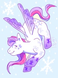 Size: 768x1024 | Tagged: safe, artist:sylvsforest, imported from derpibooru, pegasus, pony, closed mouth, colored wings, eyes closed, female, flying, g3, gradient legs, gradient wings, light blue background, mare, simple background, smiling, snow, snow'el ii, snowflake, solo, wings