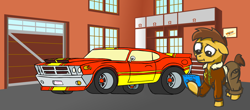Size: 2480x1094 | Tagged: safe, artist:mcford, imported from derpibooru, oc, earth pony, car, cargo pants, clothes, declasse sabre, garage, jacket, leather, leather jacket, pants