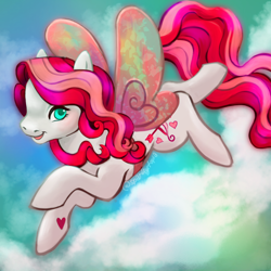 Size: 1280x1280 | Tagged: safe, artist:sparkytopia, imported from derpibooru, earth pony, always and forever, augmented wings, butterfly wings, cloud, cyan eyes, female, flying, g3, hoof heart, looking at you, mare, open mouth, open smile, sky, smiling, underhoof, wings