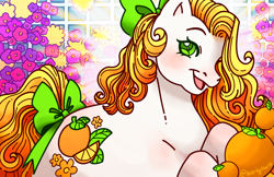 Size: 1280x828 | Tagged: safe, artist:sparkytopia, imported from derpibooru, citrus sweetheart, earth pony, pony, bow, female, flower, food, g3, green eyes, hair bow, mare, open mouth, open smile, orange, smiling, tail, tail bow