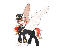 Size: 3000x2500 | Tagged: safe, artist:黑弦, imported from derpibooru, oc, oc only, oc:sovietsnow, pegasus, pony, derpibooru community collaboration, 2024 community collab, clothes, high res, horns, male, simple background, solo, spread wings, transparent background, uniform, wings