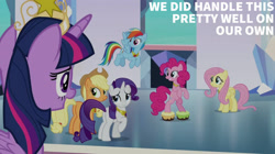 Size: 2000x1123 | Tagged: safe, edit, edited screencap, editor:quoterific, imported from derpibooru, screencap, applejack, fluttershy, pinkie pie, rainbow dash, rarity, twilight sparkle, alicorn, earth pony, pegasus, pony, unicorn, the beginning of the end, big crown thingy, bipedal, element of generosity, element of honesty, element of kindness, element of laughter, element of loyalty, element of magic, elements of harmony, female, jewelry, mane six, mare, regalia, twilight sparkle (alicorn)