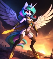 Size: 896x1000 | Tagged: safe, imported from ponybooru, princess celestia, alicorn, anthro, series:legion, ai content, ai generated, clothes, fantasy, fire, prompter:hellfire, science fiction, sunrise, sword, war, weapon