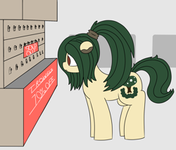 Size: 1750x1500 | Tagged: safe, artist:allhallowsboon, imported from derpibooru, oc, oc only, oc:myrtle remedy, earth pony, pony, colored, disappointed, female, floppy ears, green hair, hair over one eye, hairband, mare, ponytail, red eyes, solo, store, text, yellow coat