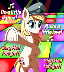 Size: 3050x3400 | Tagged: safe, artist:gsuus, imported from twibooru, oc, oc only, oc:aryanne, pony, clothes, dancing, female, image, mare, music, nazi, nazipone, png, sieg heil, solo, solo female, swastika, text, twibooru exclusive