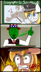 Size: 1750x3050 | Tagged: safe, artist:gsuus, imported from twibooru, oc, oc only, oc:anon, oc:aryanne, human, pony, classroom, clothes, comic, dialogue, geography, image, nazi, nazipone, png, swastika, text, twibooru exclusive