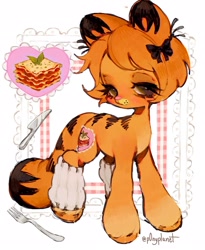 Size: 1681x2048 | Tagged: safe, artist:p0nyplanet, imported from derpibooru, oc, oc only, cat, cat pony, original species, pony, bow, clothes, female, food, fork, garfield, knife, lasagna, leg warmers, mare, orange fur, pasta, ponified, ponysona, simple background, solo, standing, stripes, tail, white background